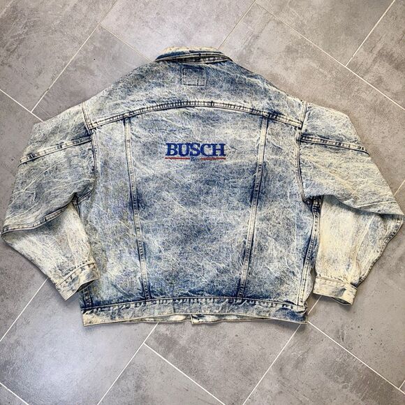 Vintage 80’s Big Smith Acid Wash Denim Jean Jacket Busch Beer Logo XXL USA Made - Picture 1 of 15